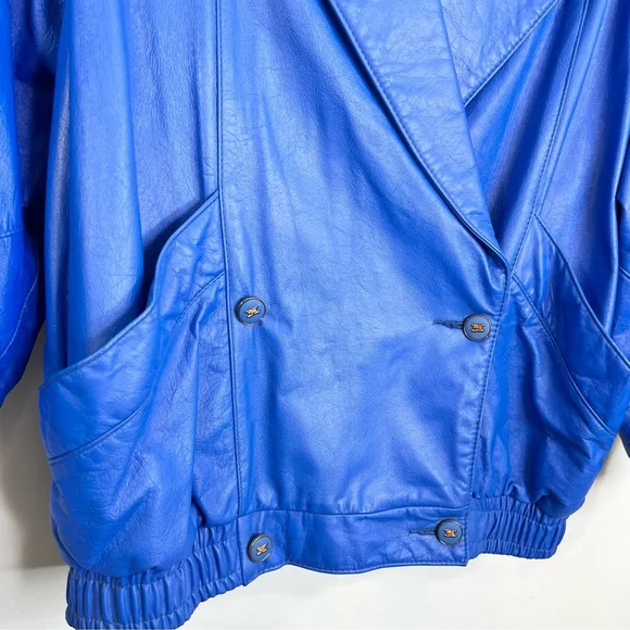 Vintage 80s genuine leather blue padded shoulder batwing bomber pant suit set 14 - Picture 11 of 17